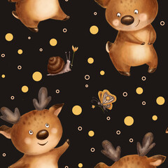 seamless pattern cute baby deer with a snail and a butterfly on a brown background.