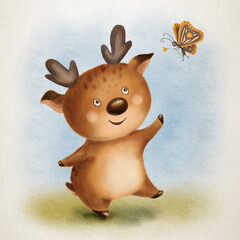 Cute baby deer with a buterfly and a flower on summer grass illustration for kids