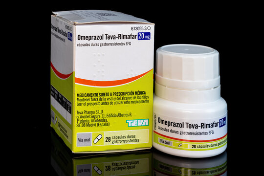 Huelva, Spain - August 27, 2021: Spanish bottle of generic Omeprazole from  Teva-Rimafar laboratory. It is used to treat stomach and esophagus problems  (acid reflux, ulcers). It relieves heartburn Stock Photo | Adobe Stock