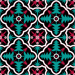 abstract seamless vector pattern , Red and green , flower and pine tree, traditional pattern on black background