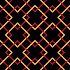 Red and yellow crossed line pattern on black background , crossed square seamless vector pattern