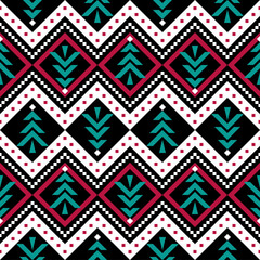 Christmas pattern with pine tree, holidays pattern with red and green color on black background 