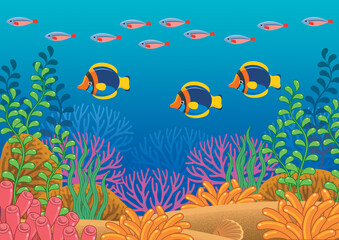 Fototapeta na wymiar coral reef with fishes under the ocean. Picture for wallpaper, background and elemen design