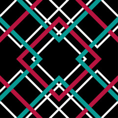 Red and green crossed line pattern on black background , crossed square seamless vector pattern