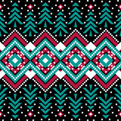 Christmas pattern with pine tree, holidays pattern with red and green color on black background 