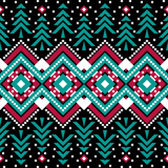 Christmas pattern with pine tree, holidays pattern with red and green color on black background 