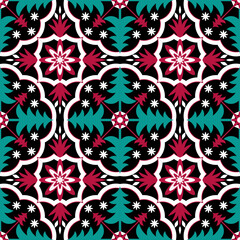 abstract seamless vector pattern , Red and green , flower and pine tree, traditional pattern on black background