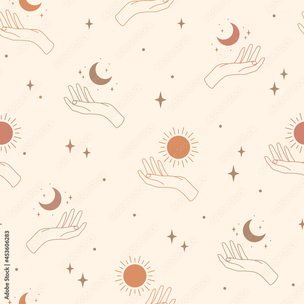 Wall mural seamless pattern with hands, moon and sun. hand drawn vector illustration. black and white backgroun