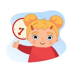 Vector illustration of a cute girl on the background of hours. Daily routine concept.
