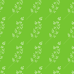 White vector branches seamless pattern. Plant silhouette on a green background