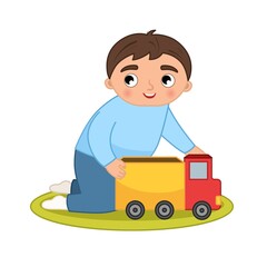 Vector cartoon illustration of cute boy playing with toy car.
