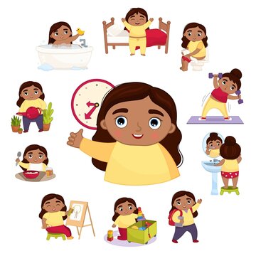 Vector illustration daily activities routine. Cute little cartoon african girl doing daily chores.
