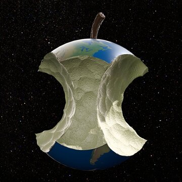 Depleted Earth resources in the shape of an apple clockhouse