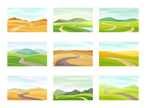 Winding Road Going Into The Distance And Grassy Hill Vector Set