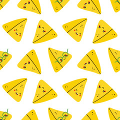 Cute smiling cartoon style samosa characters, indian baked savory pastry vector seamless pattern background.
