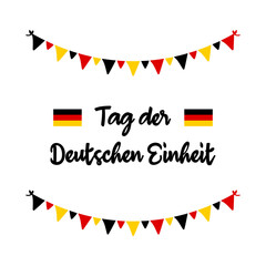 Obraz premium Vector greeting card with german flags, colorful garlands and text, translated as «German Unity Day». October 3.