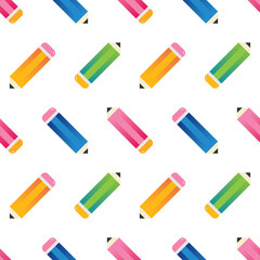 Cute cartoon style colorful pencils with erasers vector seamless pattern background for school and office supplies design.
