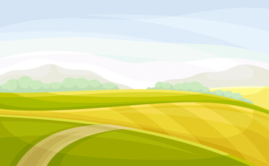 Winding Road Going into the Distance and Grassy Hill Vector Illustration