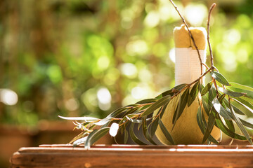 Aromatherapy with eucalyptus and herbal compress on nature background.