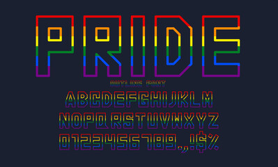 LGBTQ+ rainbow colors pride outline font design. alphabet letters, numbers, and signs vector illustration. Suitable for web, printing usage, etc.