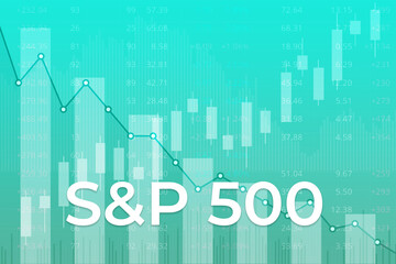 American financial market index S and P 500 (ticker SPX) on blue finance background from numbers, graphs, candles, lines. Trend Up, Down, Flat