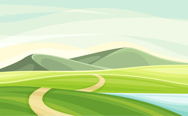 Obraz premium Wandering Road Going into the Distance Through Green Grassy Valley Vector Illustration