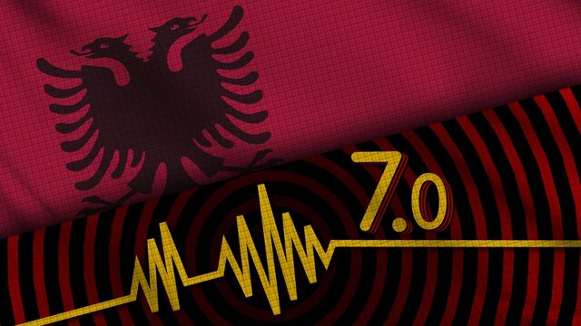 Albania Wavy Fabric Flag, 7.0 Earthquake, Breaking News, Disaster Concept, 3D Illustration
