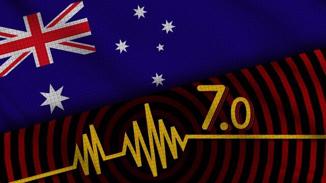 Australia Wavy Fabric Flag, 7.0 Earthquake, Breaking News, Disaster Concept, 3D Illustration