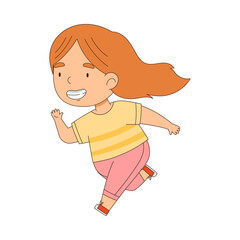 Cheerful Little Redhead Girl Running and Rushing at Full Speed Vector Illustration