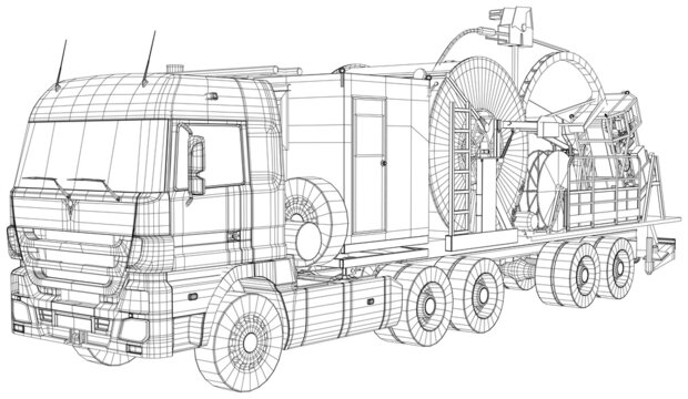 Oilfield coiled tubing equipment. Coiled tubing reel on a trailer. wire-frame. The layers of visible and invisible lines are separated. EPS10 format. Wire-frame.