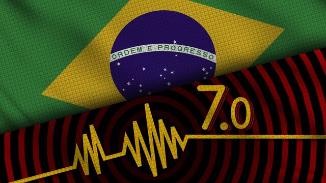 Brazil Wavy Fabric Flag, 7.0 Earthquake, Breaking News, Disaster Concept, 3D Illustration