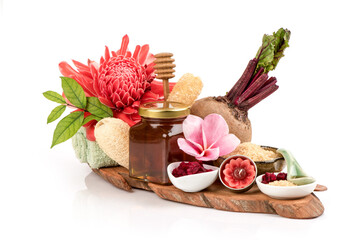 Scrub with beetroot,honey and brown sugar isolated on white background.