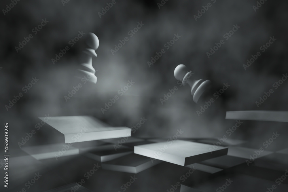 Wall mural Surrealistic 3D chessboard in a fog with falling white pawns. Abstract chess wallpaper