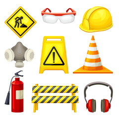 Safety Equipment with Hard Hat and Road Cone for Construction and Industrial Work Vector Set