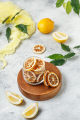 Lemon frips. Dried lemon on white background, vegan snack