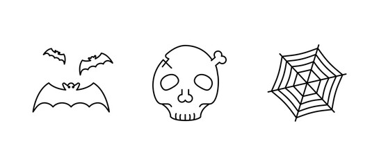 Skull, spider web and bat icons. Set for Halloween concept. It is a set of linear icons.