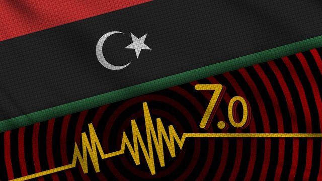 Libya Wavy Fabric Flag, 7.0 Earthquake, Breaking News, Disaster Concept, 3D Illustration