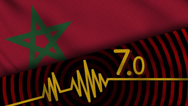 Morocco Wavy Fabric Flag, 7.0 Earthquake, Breaking News, Disaster Concept, 3D Illustration