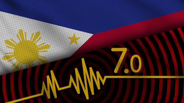 Philippines Wavy Fabric Flag, 7.0 Earthquake, Breaking News, Disaster Concept, 3D Illustration