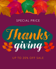 A Vector Thanksgiving Modern, Colorful Autumn Poster, Banner. Shop Sale Template. Hand Drawn Vibrant Leaves.