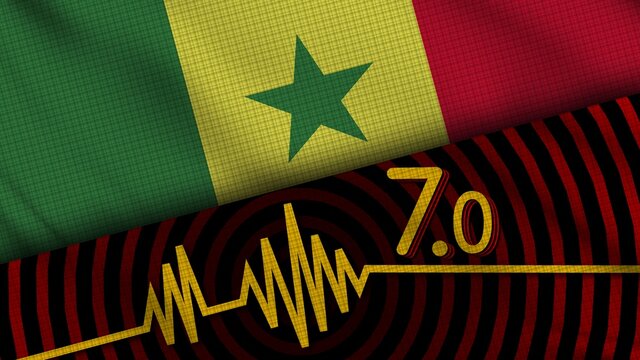 Senegal Wavy Fabric Flag, 7.0 Earthquake, Breaking News, Disaster Concept, 3D Illustration