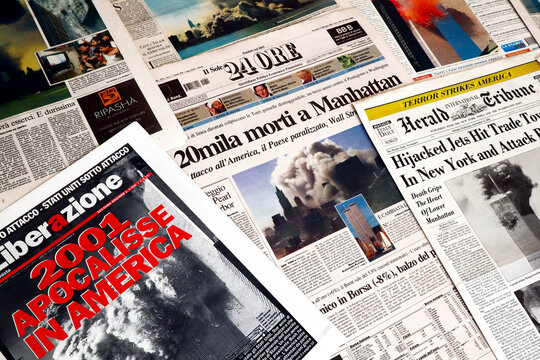 New York, USA – September 2001: International Newspapers headlines about 9/11 2001 attack