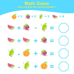 Fruit Counting Math Worksheet. Math Worksheet for Preschool. Educational printable math worksheet. Preschool Education. Early education materials. Vector illustration.