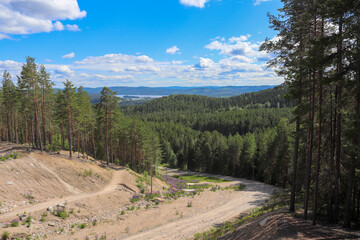 Fototapeta na wymiar Downhill cycling trail along forest edge in Järvsö Bike Park