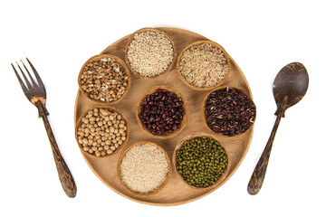 Cereals such as millet,green bean and others isolated on white surface.top view,flat lay.