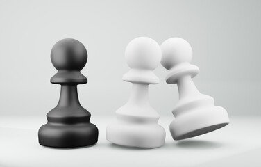 Two white pawns kiss near black pawn.3D conceptual illustration.