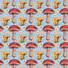 seamless pattern Amanita muscaria, fly agaric , chanterelle mushrooms and chamomile flowers, psychedelic, bright