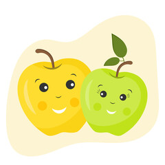 Cute funny couple of apples with smiling faces. Romantic couple of fruts. Cute apple couple cartoon for valentines day card design. Card whith cute happy apples. Friends or love concept.