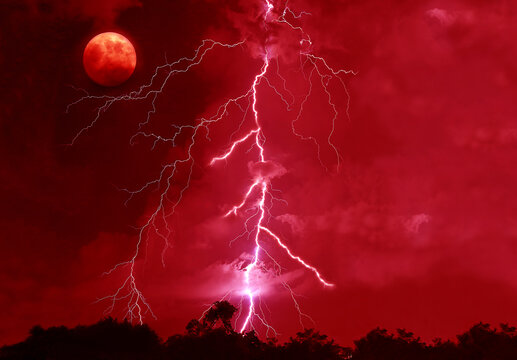 Surreal Pop Art Style Powerful Lightning Strikes in the Bloody Red Night Sky with a Spooky Full Moon