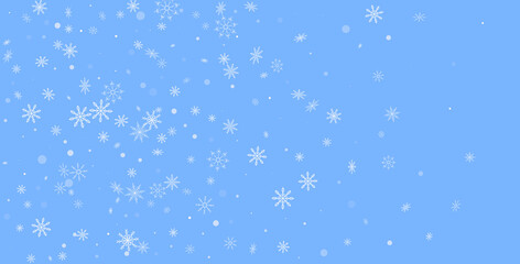 White delicate openwork snowflakes are scattered on a blue background. Festive background, postcard design, wallpaper